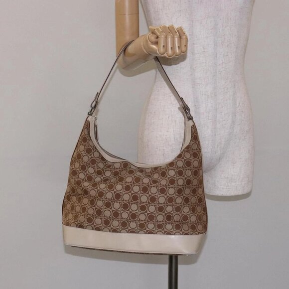 Salvatore Ferragamo Gancini Shoulder Bag Canvas Beige Gold Auth